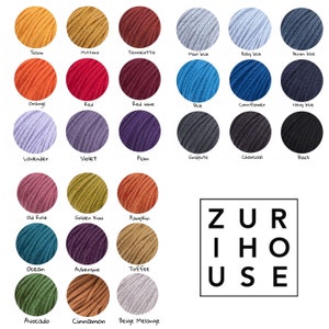 May include: A chart of 20 different colours of yarn, with the name of each colour written below it. The colours include yellow, mustard, terracotta, marl blue, baby blue, denim blue, orange, red, red wine, blue, cornflower, navy blue, lavender, violet, plum, graphite, charcoal, black, old rose, golden kiwi, pumpkin, ocean, aubergine, toffee, avocado, cinnamon, and beige melange. The text "ZUR IHO USE" is in the lower right corner of the image.