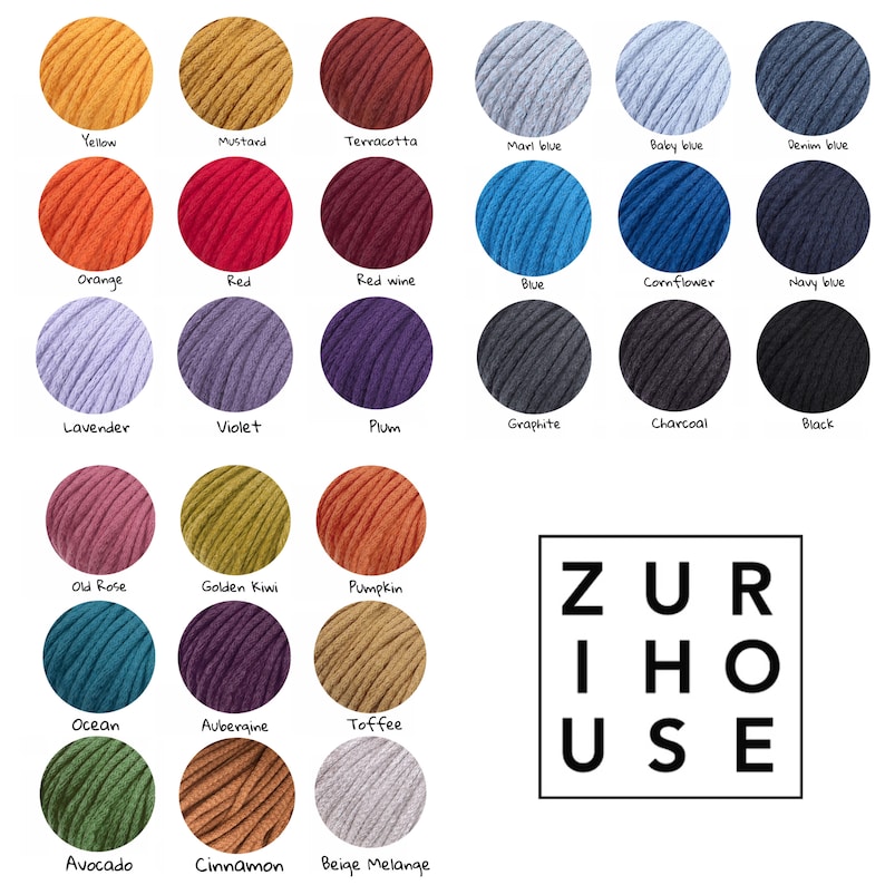 May include: A chart of 20 different colours of yarn, with the name of each colour written below it. The colours include yellow, mustard, terracotta, marl blue, baby blue, denim blue, orange, red, red wine, blue, cornflower, navy blue, lavender, violet, plum, graphite, charcoal, black, old rose, golden kiwi, pumpkin, ocean, aubergine, toffee, avocado, cinnamon, and beige melange. The text "ZUR IHO USE" is in the lower right corner of the image.