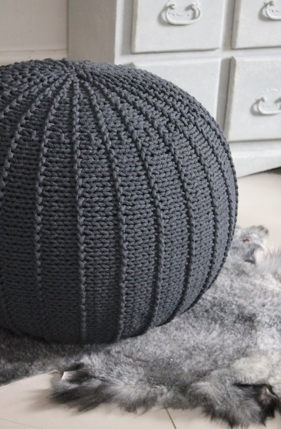 Large Knitted Cotton Pouf Ottoman: Graphite Scandinavian Decor