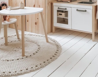 Hand Crochet Round Rug: Neutral Boho Decor, Cotton Nursery Rug