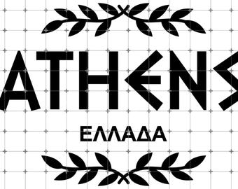Może przedstawiać: Czarno-biała grafika z napisem "ATHENS" pogrubioną czcionką, ze strzałkowymi literami "E" i "N". Poniżej wyświetlane jest greckie słowo "ΕΛΛΑΔΑ". Projekt jest obramowany wieńcami laurowymi.