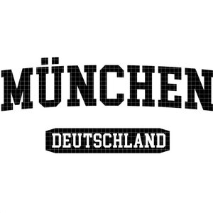 Könnte beinhalten: Schwarz-weißes Grafikdesign mit dem Text "MÜNCHEN" in fetter Schrift und "DEUTSCHLAND" in kleinerer Schrift darunter.