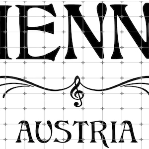 May include: Black and white graphic design featuring the word "VIENNA" above "AUSTRIA". A decorative flourish with a treble clef is centered between the words. The background has a grid pattern.