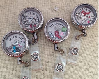Customizable Badge Reel Charm Locket with BACK CLIP -  Includes 1 Plate and 5 charms