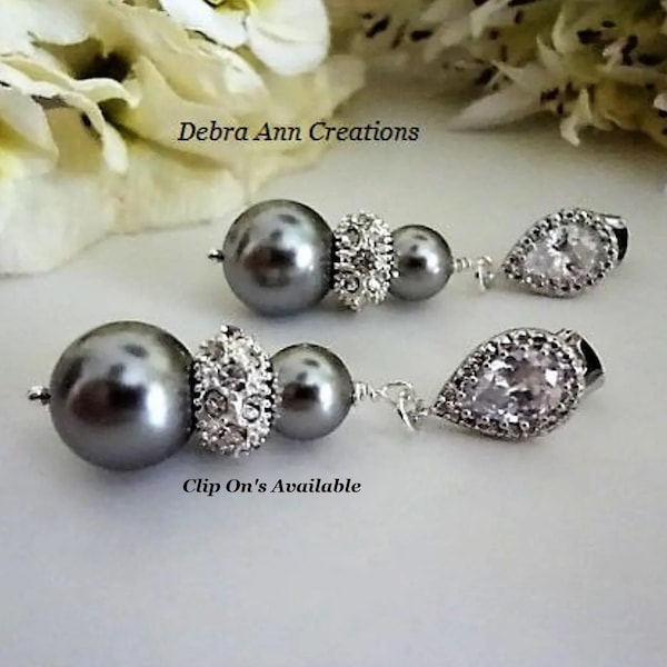 Gray Pearl Drop Earrings CZ Pearl Earrings Dark Grey Earrings Grey Wedding Jewelry for Mother of the Bride Gift for Mother of the Groom