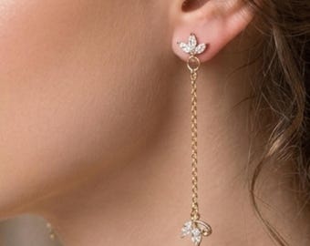 CZ Leaf Earrings Gold | Long Chain Dangle | Crystal Drop Bridal Earring | Minimalist Wedding Jewelry