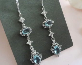 Light Blue Chandelier Earrings | Long Bridal Drop Silver | Wedding Jewelry Gift | Bride Accessories