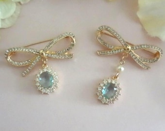 Something Blue Bridal Bouquet Charm: Pearl Crystal Rhinestone Bow Wedding Brooch Pin, Bride Gift