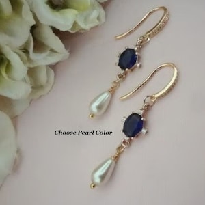 Sapphire Pearl Teardrop Wedding Earrings, Bride Something Blue, Bridal Earring, Dark Navy Bridal Jewelry