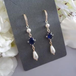 Sapphire and Pearl Wedding Earrings for Bride Something Blue and Pearl Drop Earrings Teardrop Bridal Earrings Dark Blue Earrings Gift