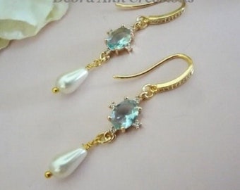Light Blue Crystal Pearl Teardrop Bridal Earrings, Gold CZ Wedding Jewelry Bride Something New