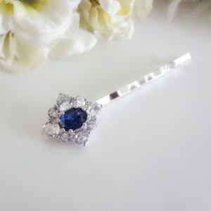 Sapphire Hair Pin Wedding Hair Accessories Bride Hair Piece Silver Oval Halo Cubic Zirconia Hair Pins Crystal Hair Pins Mother of Bride Gift