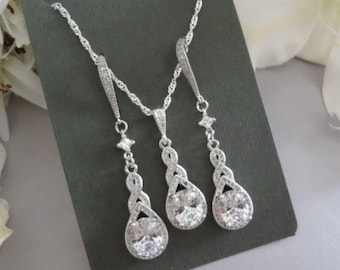 Crystal Bridal Jewelry Set Teardrop Infinity Pendant Necklace Earrings Bride Wedding Gift Silver