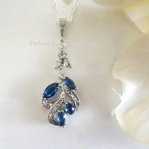 Sapphire Crystal Leaf Necklace: Silver Wedding Jewelry for Bride Something Blue Gift