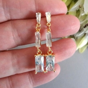 Baguette Crystal Earrings Dangle Clear Cubic Zirconia Rectangle Earrings CZ Drop Wedding Earrings For Brides Wedding Jewelry Mother of Bride