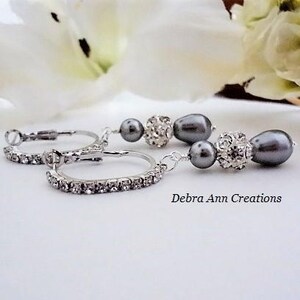 Grey Pearl Drop Earrings Silver Pear Pearl Earrings Dark Grey Wedding Earrings Dangle Pearl and Crystal Bridal Earrings Gray Wedding Jewelry image 2