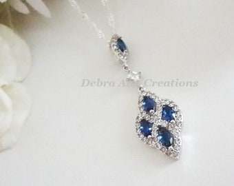 Sapphire Necklace White Gold Blue Sapphire Jewelry Royal Blue Wedding Necklace Navy Blue Bridal Necklace for Bride Marquise Necklace Silver