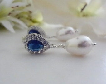 Sapphire and Pearl Teardrop Wedding Earrings for Bride Something Blue Jewelry Pearl Drop Bridal Earrings Navy Blue Wedding Jewelry Silver