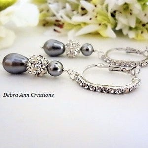 Grey Pearl Drop Earrings Silver Pear Pearl Earrings Dark Grey Wedding Earrings Dangle Pearl and Crystal Bridal Earrings Gray Wedding Jewelry image 9