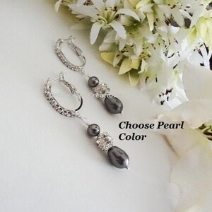 Grey Pearl Drop Earrings Silver Pear Pearl Earrings Dark Grey Wedding Earrings Dangle Pearl and Crystal Bridal Earrings Gray Wedding Jewelry image 1