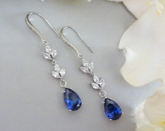 Sapphire Drop Bridal Earrings Something Blue Wedding Jewelry for Mother of Bride Wedding Earring Crystal Teardrop Earring Leaf Vine Earrings