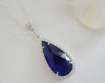 Sapphire Teardrop Necklace Brides Something Blue Jewelry Long Pendant Necklace for Wedding Jewelry CZ Necklace for Mother of the Bride Gift