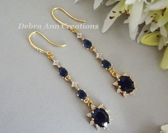 Sapphire and Gold Drop Earrings Dark Blue Crystal Earring Navy Blue Bridal Earring Long Cubic Zirconia Teardrop Earring Oval Wedding Earring