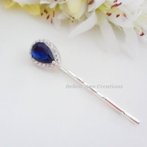 Sapphire Hair Pin Wedding Hair Accessories Bride Hair Piece Silver Teardrop Cubic Zirconia Hair Pins Crystal Hair Pins Mother of Bride Gift