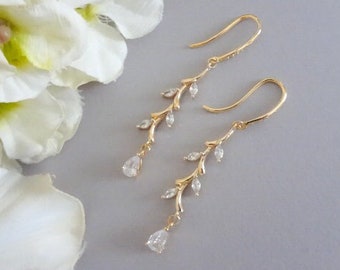 Crystal Leaf Vine Earrings Gold Marquise Wedding Earrings for Brides CZ Bridal Earrings Long Cubic Zirconia Teardrop Earring Simple Jewelry
