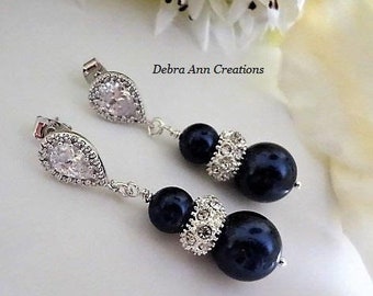 Navy Pearl Earrings Pearl Drop Wedding Earrings Bridal Earrings Navy Blue Earrings Navy Wedding Jewelry for Mother of the Bride Earrings