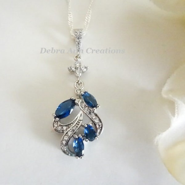 Sapphire Bridal Necklace Marquise Crystal Leaf Necklace Wedding Jewelry for Brides Something Blue Sapphire Jewelry for Mother of the Bride