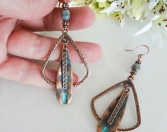 Hammered Copper Teardrop Earrings Patina Earring Dangle Antique Copper Hoop Earring Verdigris Earring Rustic Boho Earring Triangle Geometric