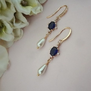 RESERVED FOR STEPHANIE Sapphire and Pearl Teardrop Wedding Earrings for Bride Something Blue Bridal Earrings Gold Wedding Jewelry Pearl