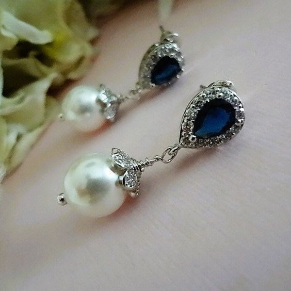 Sapphire and Pearl Earrings for Bride Something Blue Sapphire CZ Teardrop Wedding Earring Navy Pearl Drop Bridal Earring for Mother of Bride