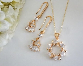 Crystal Bridal Jewelry Set Gold Wedding Jewelry Set for Brides Marquise Earrings and Necklace Set Gold CZ Leaf Cluster Earring Dangle Wreath