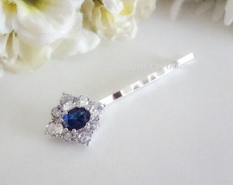 Sapphire Hair Pin Wedding Hair Accessories Bride Hair Piece Silver Oval Halo Cubic Zirconia Hair Pins Crystal Hair Pins Mother of Bride Gift