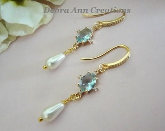 Light Blue and Pearl Teardrop Wedding Earrings for Brides Something Blue Bridal Earrings Gold Wedding Jewelry Pearl and Crystal Drop Earring