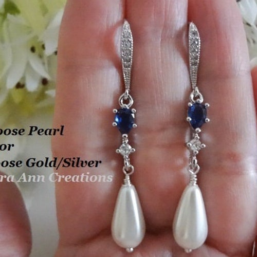 Navy Pearl Earrings Pearl Drop Wedding Earrings Bridal Etsy