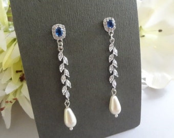 Sapphire and Pearl Drop Earrings Leaf Vine Crystal Wedding Earrings for Brides Something Blue Jewelry Cubic Zirconia Bridal Earrings Long