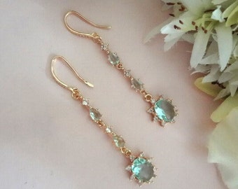 Light Blue Drop Earrings Aqua Blue Earrings Crystal Bridal Earrings Long Cubic Zirconia Earrings Oval Halo Wedding Earrings for Brides Gift