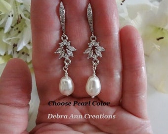 Pearl and Crystal Wedding Earrings Cubic Zirconia Dangle Earrings CZ and Pearl Earring Pear Drop Earrings Teardrop Bridal Earrings for Bride