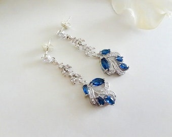 Sapphire Wedding Earrings For Mother of the Brides Something Blue Bridal Earrings Marquise Crystal Earrings Leaf Cluster Earring Long Dangle