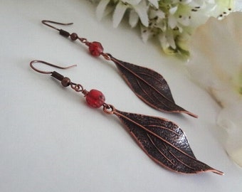 Antique Copper Leaf Earrings, Long Boho Earrings, Bohemian Jewelry, Rustic Copper Dangle Earring, Picasso Beaded Earrings, Fall Leaf Earring