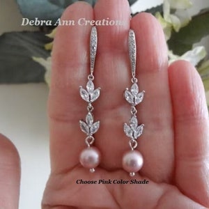 Pink Pearl Dangle Earrings Gold Crystal Pearl Drop Bridal Earrings for Bridesmaid CZ Leaf Wedding Earring Silver Pink Wedding Jewelry Mother