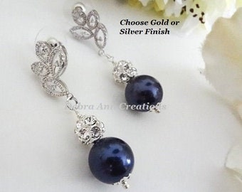 Navy Blue Pearl Drop Diamond Wedding Earrings: Cubic Zirconia Leaf Bridal Jewelry