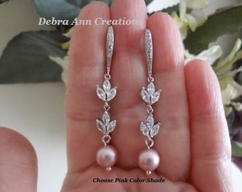 Pink Pearl Drop Earrings, CZ Leaf Crystal Diamond Bridal Dangle Earrings, Wedding Jewelry