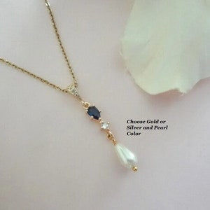 Sapphire and Pearl Bridal Necklace for Bride Something Blue Crystal Wedding Necklace for Mother of the Bride Pearl Drop Necklace Dark Navy