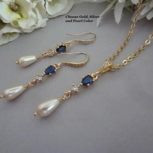 Sapphire and Pearl Bridal Necklace and Earrings for Bride Something Blue Sapphire Wedding Jewelry Set Pearl Drop Bridal Jewelry Set Gift