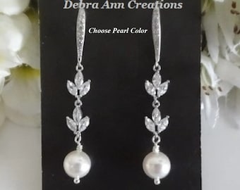 Pearl Drop Bridal Earrings Crystal Leaf Earring CZ and Pearl Earring Dangle Wedding Earrings for Brides Boho Wedding Jewelry Mother of Bride
