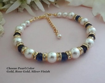 Dark Sapphire Pearl Bracelet: Gold Wedding Jewelry for Bride Something Blue Gift Navy Bridal
